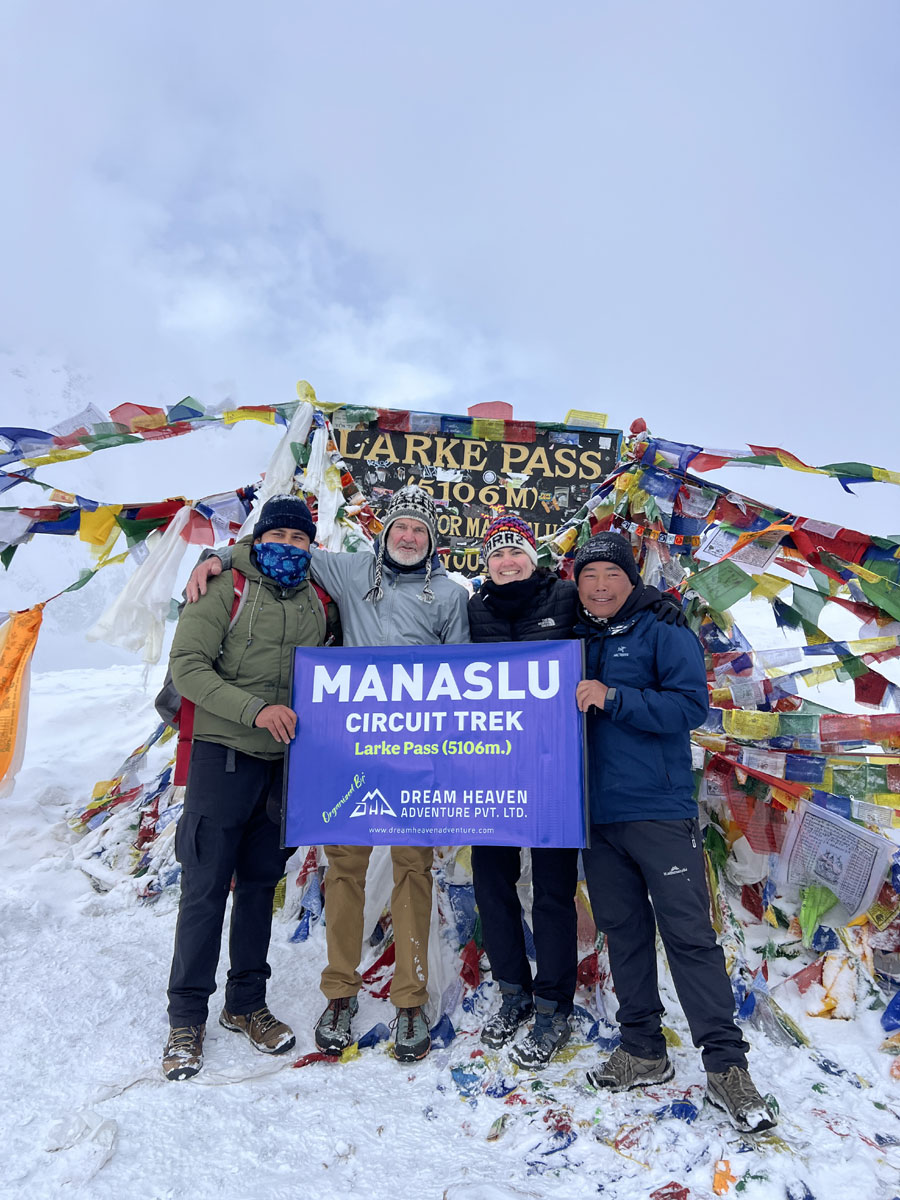 Prayer flags at Larkya La Pass on the Manaslu Circuit Trek